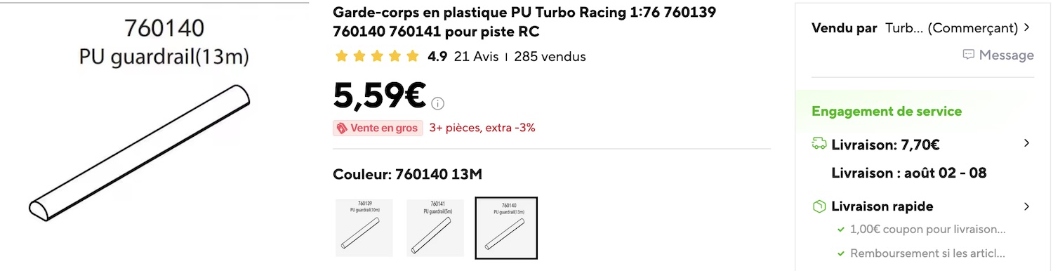 Annonce d’une bordure en polyuréthane Turbo Racing de 13 mètres pour circuit RC 1/76