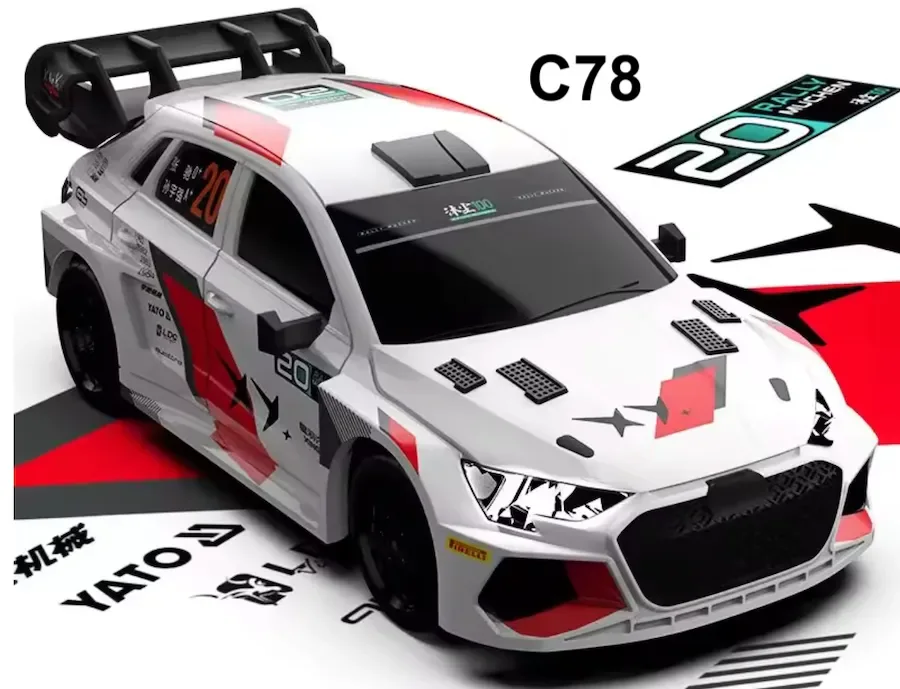 Turbo Racing C78 blanche et rouge en livrée rallye, vue de trois quarts avant