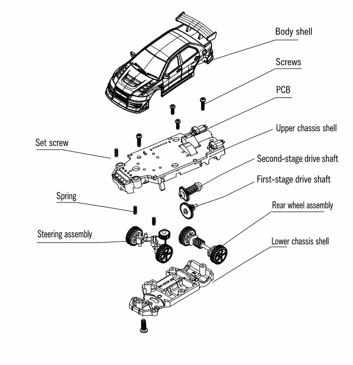 Vue éclatée complète d’une voiture Turbo Racing : carrosserie, vis, carte électronique, coque supérieure, transmission, roues, direction et coque inférieure