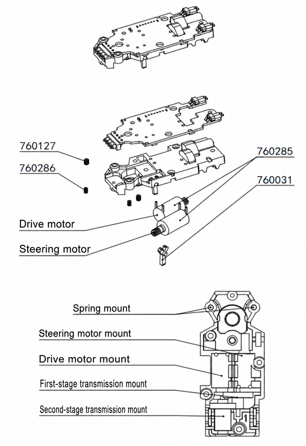 Schéma d’ouverture du châssis Turbo Racing : coque supérieure et inférieure, moteur de propulsion, moteur de direction et emplacements de transmission