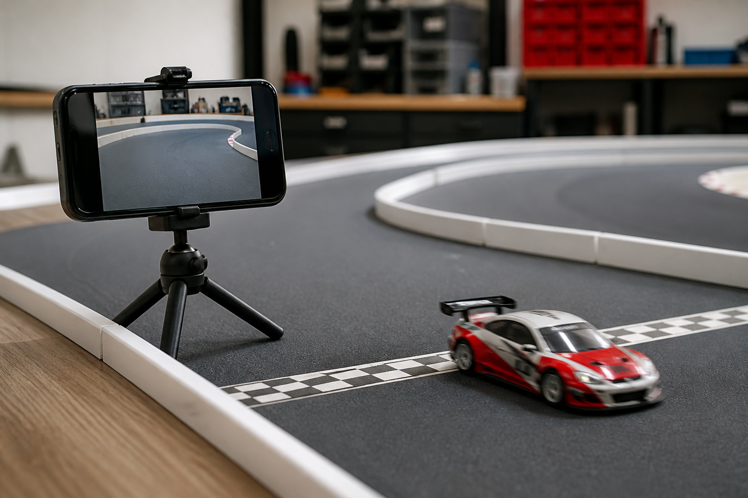 Smartphone sur trépied filmant une petite voiture RC qui passe la ligne de départ
