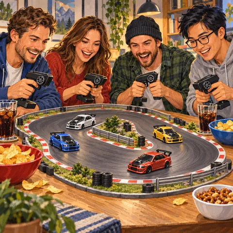 Quatre amis réunis autour d’un circuit RC miniature