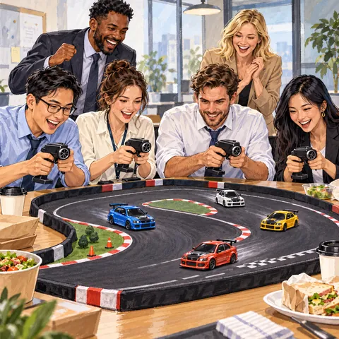 Collègues réunis autour d’un challenge de voitures RC sur table