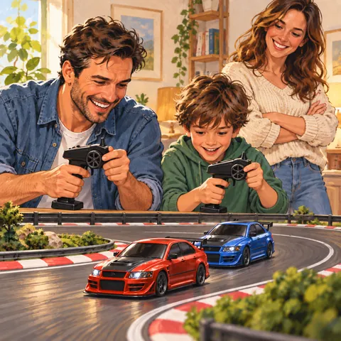 Un parent et son enfant pilotant des voitures RC miniatures