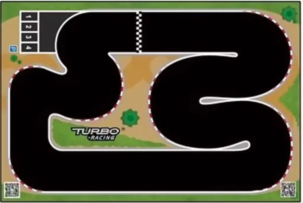 Plan d’un tapis de course Turbo Racing avec quatre emplacements de grille numérotés et ligne de départ à damier